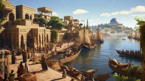 a bustling ancient Egyptian port where traders exchange goods from faraway lands
