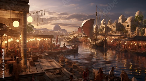 a bustling ancient Egyptian port where merchants trade exotic goods from afar