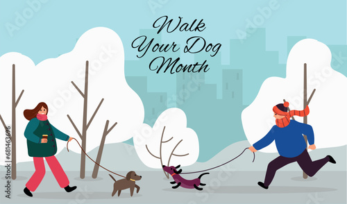 Walk Your Dog Month. Flat style. Vector illustration.