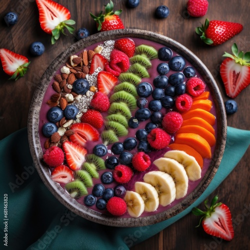 A bowl filled with fruit and nuts on top of a table