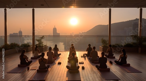 Sunrise yoga session, ground-level shot of guests practicing yoga on a hotel terrace at dawn, the calmness contrasted by the waking city below.
