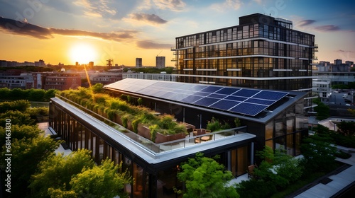 Green hotel initiatives, high-angle shot of a verdant hotel rooftop garden, solar panels gleaming in the sun, emphasizing sustainability in hospitality.