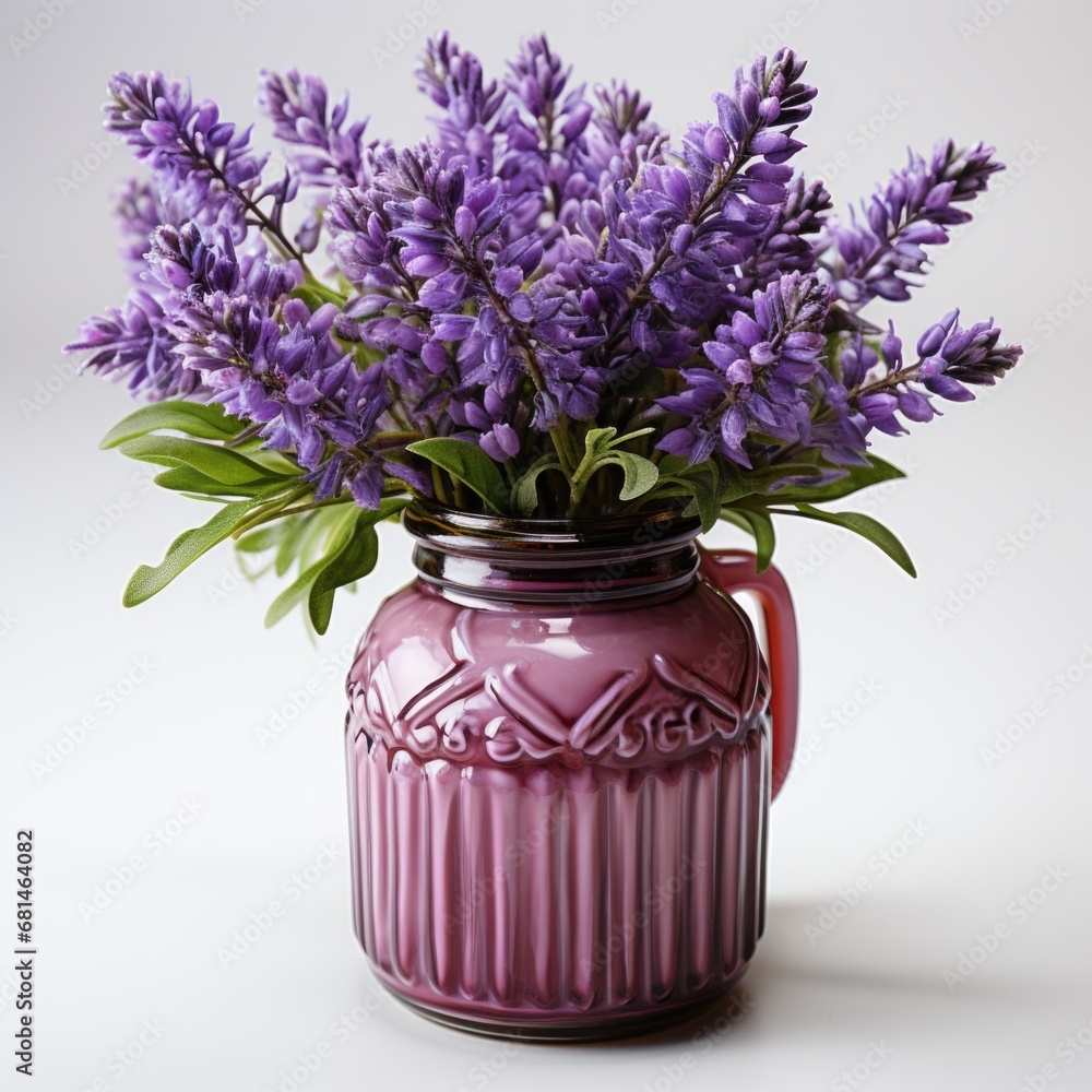 A purple vase with purple flowers in it A purple vase with purple flowers in it