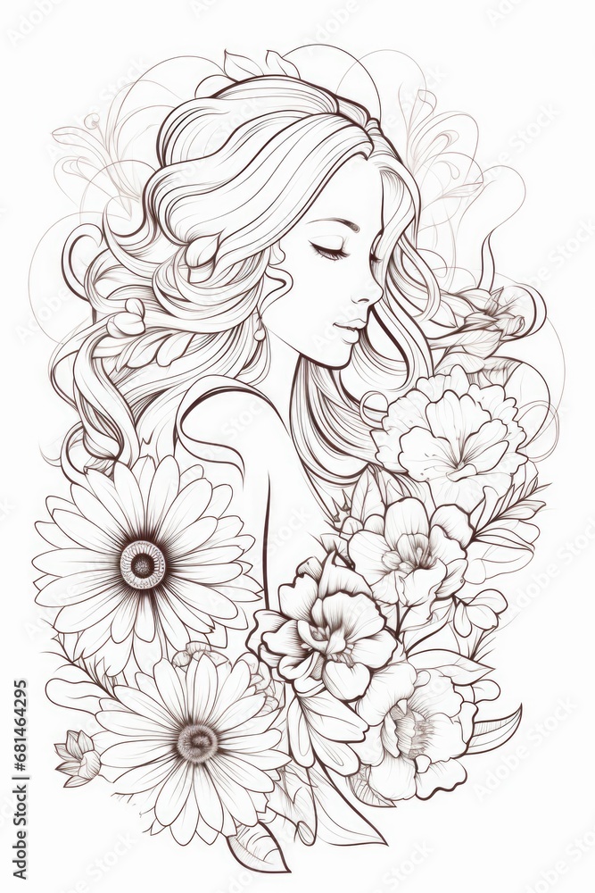 A drawing of a woman with flowers in her hair A drawing of a woman with flowers in her hair