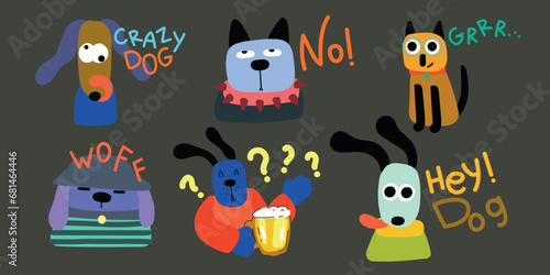 Set of fun dogs, and words: Crazy dog, No, Grrr, Hey Dog, Woff. Vector illustration. photo