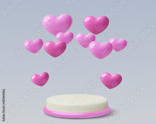 Valentine's day podium with glossy pink hearts arch. Romantic stage 3D background design for February 14, weddings or love anniversary. Three dimensional vector holiday illustration.