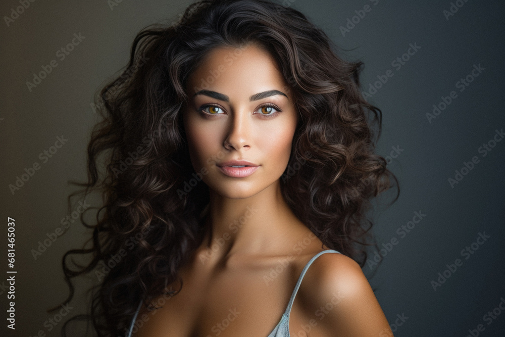 Portrait of beautiful young woman with long curly hair and makeup. Portrait of beautiful young woman with long curly hair and makeup.