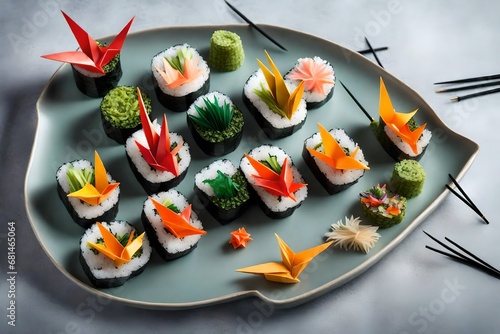 Create a sushi platter featuring edible origami cranes made from seaweed and rice, with each crane containing a different flavor surprise