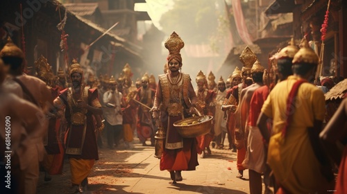 a grand procession of priests carrying sacred artifacts during a religious festival