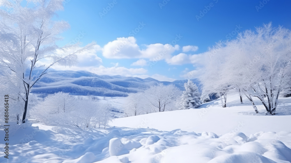 Christmas winter landscape with snow on hills and trees