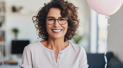 Portrait of smiling older businesswoman in eyeglasses with pink balloon at office.