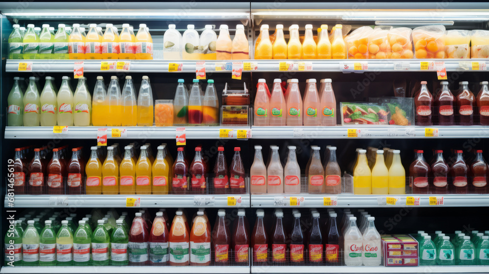 Fresh cooled beverages and drinks in supermarket fridge