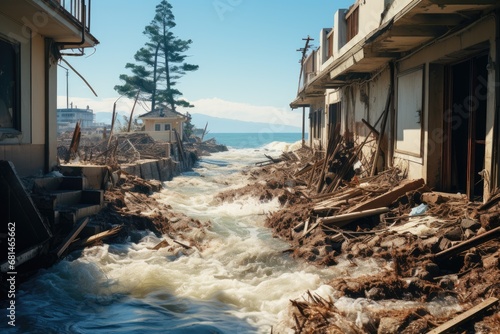 Devastating tsunami, portraying the immense destruction and chaos left in its wake.