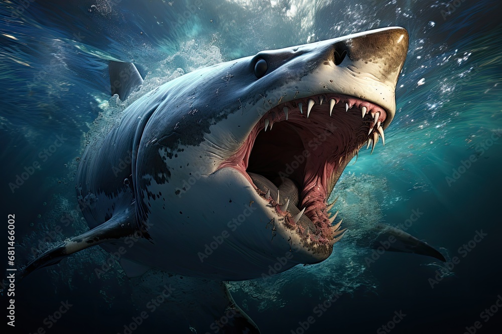 Obraz premium Intensity of a massive shark navigating through towering waves