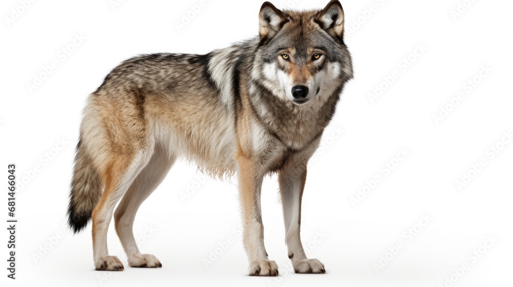 Wild Wolf Isolated on White Background. Majestic Beast with Bushy Tail in the Wilderness