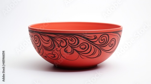 Bowl Side View Isolated on White Background - Red Porcelain Vessel in Ceramic Pottery Style