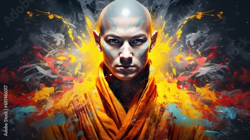 Colorful Shaolin Warrior: Abstract Monk Portrait with Kung Fu Master and Chinese Martial Arts Background