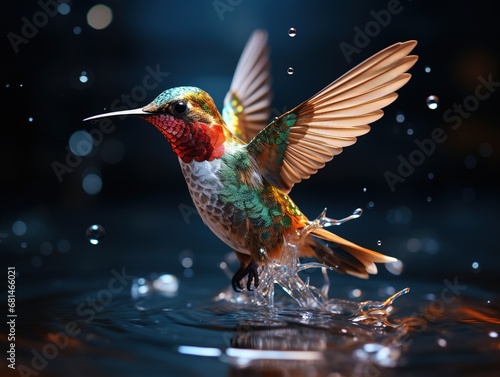 Colorful Hummingbird Emerging from the lake. Flapping an exotic wings over the waterdrop splash