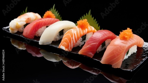 Mouth-watering Nigiri Sushi Set with Fresh Fish and Sake - Authentic Japanese Food and Seafood Cuisine