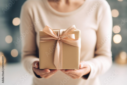 Close-up of female hands presenting a gift box. Concept: The joy of giving.