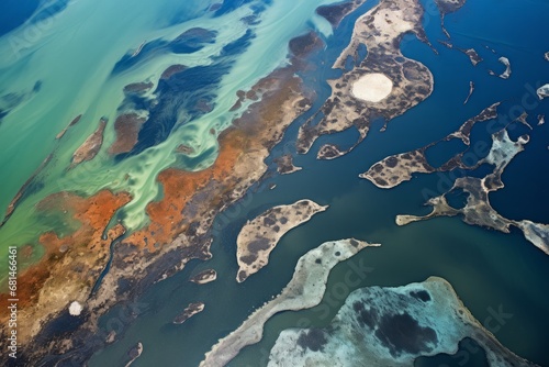 Aerial views of expansive water surfaces covered with a layer of oil, depicting the scale of the environmental disaster and widespread impact on aquatic ecosystems