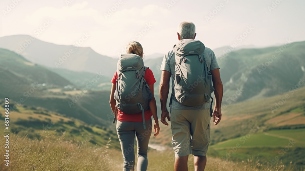 retired couple hiking together in the mountains in the vacation trip.