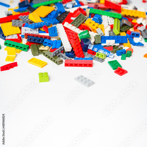 Pile of Colorful Construction Blocks. Educational toy for children. Copy space