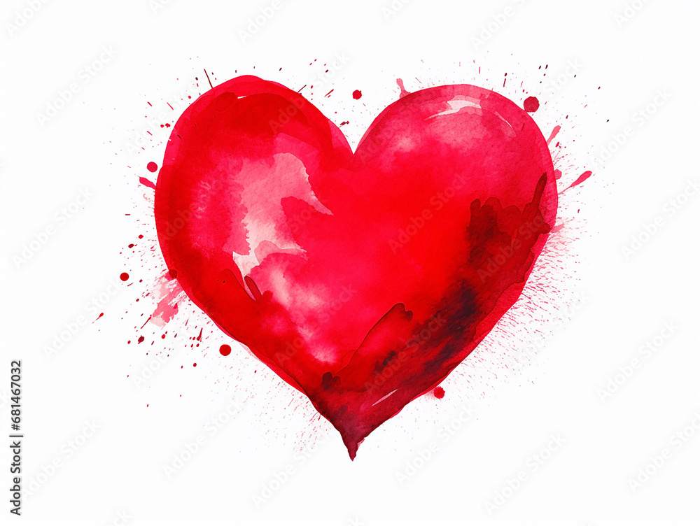 Red heart, painted with a brush, with splashes on a white background