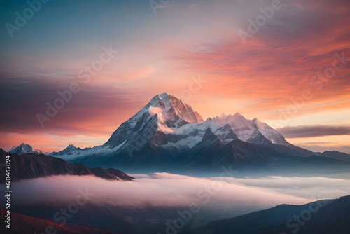 A majestic mountain range, with a heart-shaped peak, standing tall against a vibrant sunset sky.