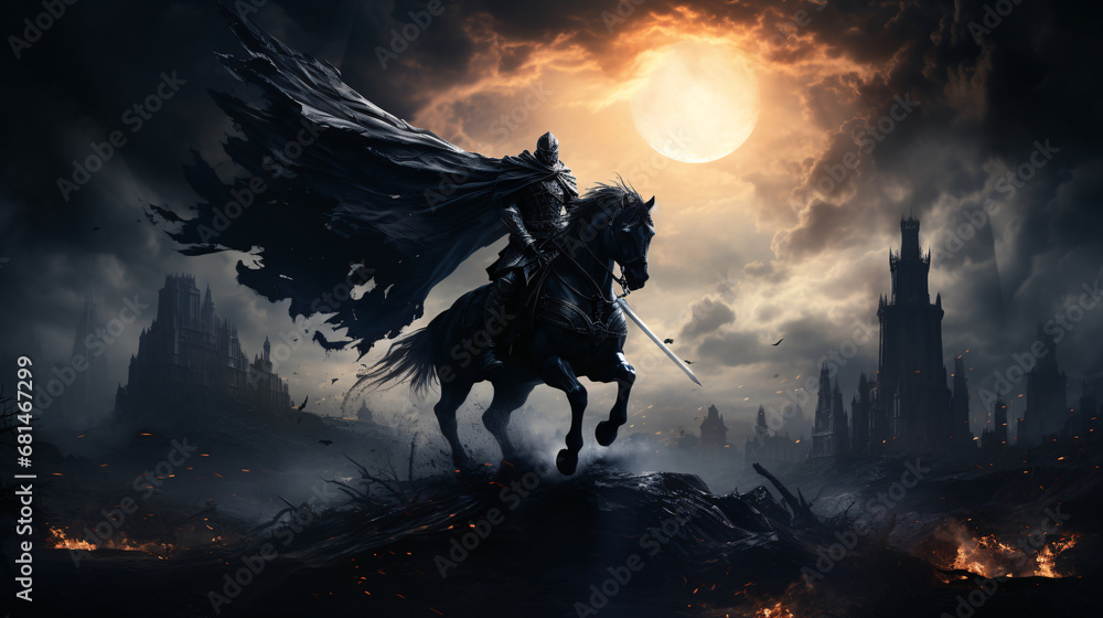 a medieval warrior on horseback silhouette. Generative  ai - obrazy, fototapety, plakaty 