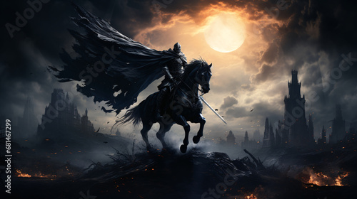 a medieval warrior on horseback silhouette. Generative  ai photo