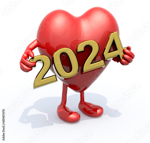 cartoon heart with arms, legs and the 3D inscription 2024