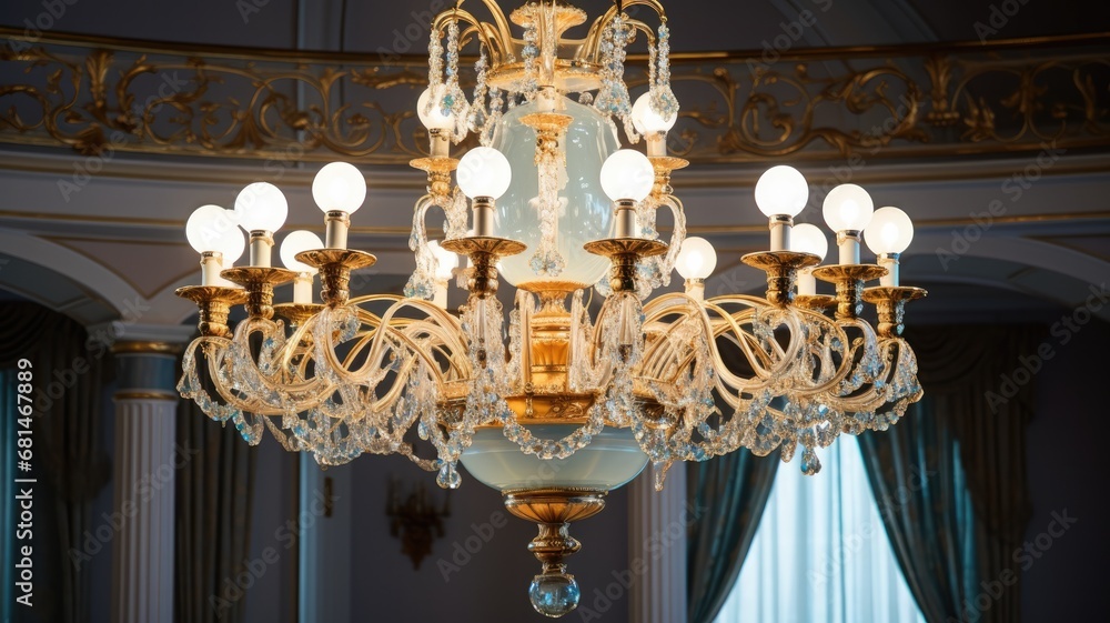 Luxury chandelier which is the highlight of the ballroom. Generative AI Technology Luxury chandelier which is the highlight of the ballroom. Generative AI Technology