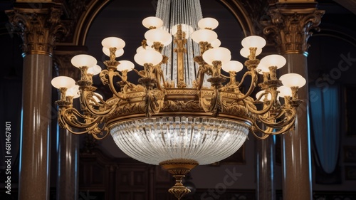 Luxury chandelier which is the highlight of the ballroom. Generative AI Technology 