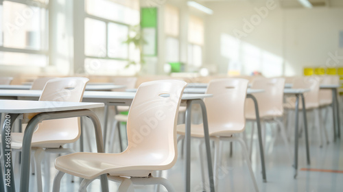 Empty school classroom, nobody. High school or elementary school room, desks and chairs, education concept.