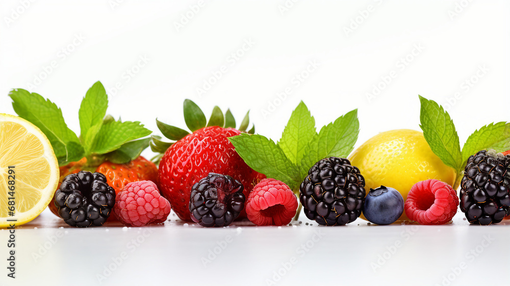 Assorted fresh berries with lemon and mint leaves on white Assorted fresh berries with lemon and mint leaves on white