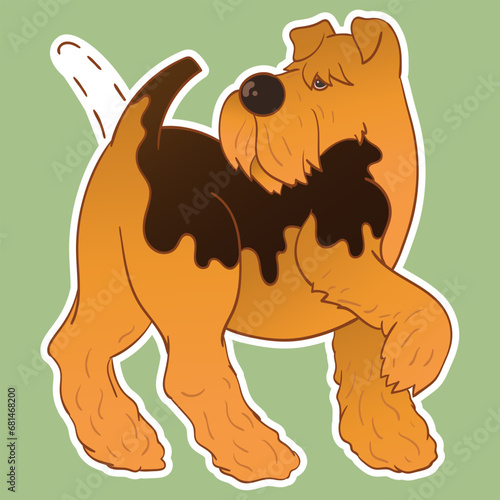 Sticker dog. Airedale Terrier. Funny sticker with a dog. Cartoon style. Set of stickers. Cartoon character for comics and postcards