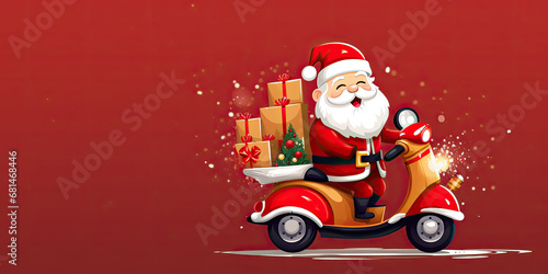 cute cartoon Santa Claus speeding on a red scooter with gifts on a red background with big copy space