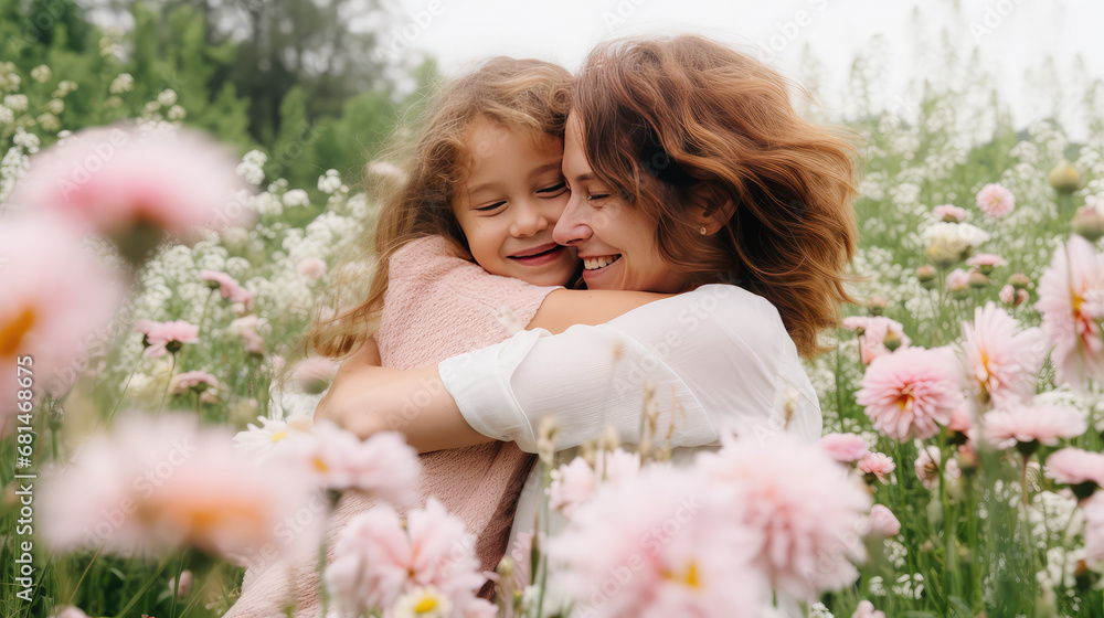 Fototapeta premium Mom and daughter hugging surrounded by fresh flowers. Bouquet of flowers as a gift for Mother's Day, motherhood and childhood, togetherness, happiness to be a family.