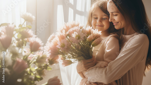 Mom and daughter hugging surrounded by fresh flowers. Bouquet of flowers as a gift for Mother's Day, motherhood and childhood, happiness to be a family.