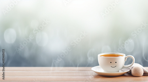Foto Smiling coffee cup on a table with bokeh background