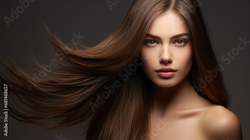 Woman with flowing hair on dark background