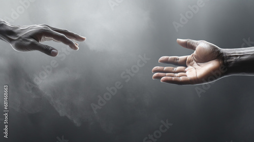 Outstretched hands in black and white symbolizing help and connection