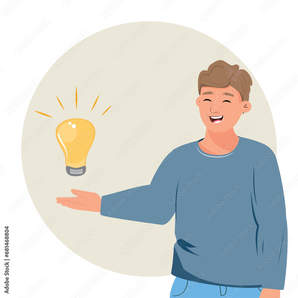 Happy man with a bulb. New idea concept illustration Happy man with a bulb. New idea concept illustration