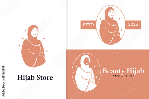 hijab logo design template with figure woman wearing  cloth and hijab 