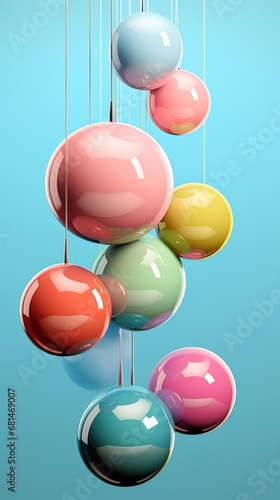 A bunch of colorful balls hanging from strings