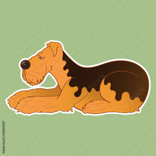 Sticker dog. Airedale Terrier. Funny sticker with a dog. Cartoon style. Set of stickers. Cartoon character for comics and postcards