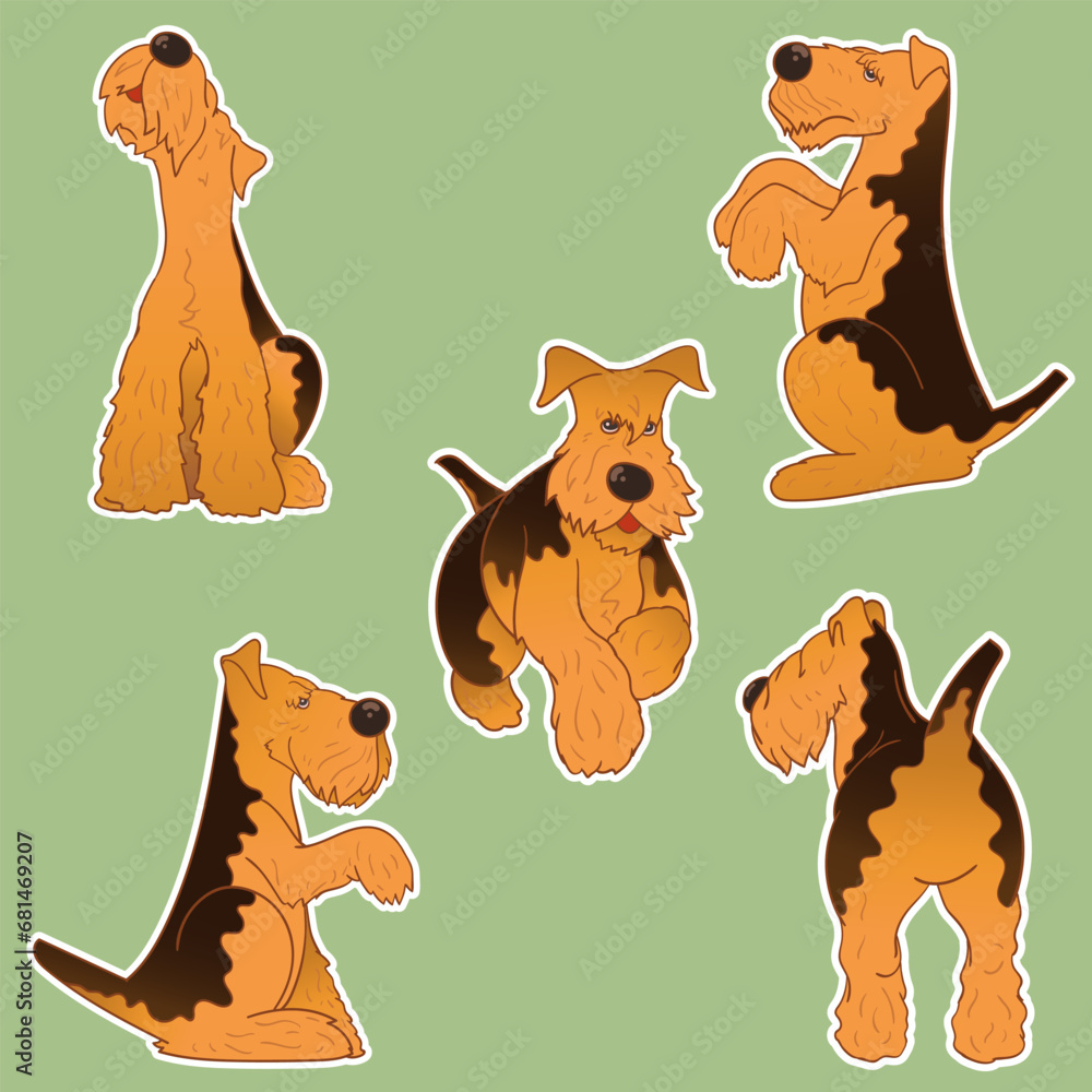 Set of stickers with a dog. Airedale Terrier. Cheerful puppy. Stickers in cartoon style. Puppy character. Sticker pack