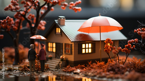 Miniature model of a home in front of which a couple with umbrella is standing.