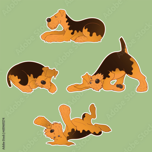 Set of stickers with a dog. Airedale Terrier. Cheerful puppy. Stickers in cartoon style. Puppy character. Sticker pack